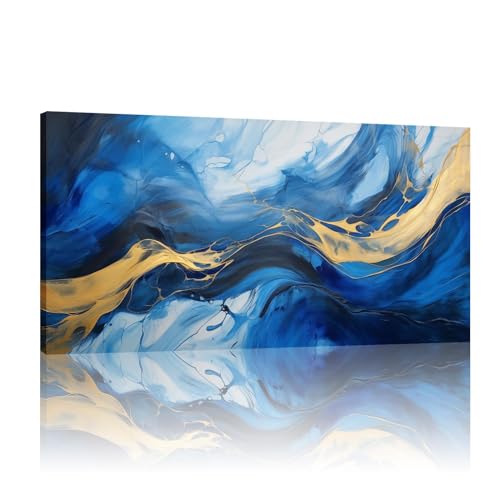 Art mural abstrait bleu marine et doré 50x100 cm pour grand salon