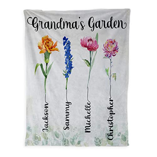 Personalized Grandkids Names Fleece Sherpa Throw Blankets Grandma's Garden Blanket Custom Birth Month Flowers Blanket Birthday Gifts For Grandma Nana Mimi Gigi Grandmother #TOP1