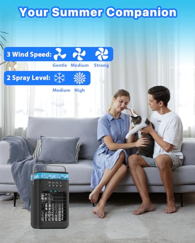 Portable Air Conditioner, 4-in-1 Evaporative Air Cooler, Personal Cooling Fan with 3 Speeds, 2 Mist Modes, 7 LED Night Light, 2-4H Timer, Quiet Mini Air Cooler for Bedroom Office C image 6