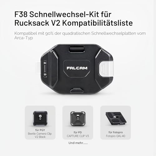 FALCAM F38 Kamera Clip V2 mit Platte Schnellwechselsystem, Kamera Gurt Halterung Rucksack mit 1/4\ bis 3/8\ Schraubgewinde, Arca-Swiss-kompatibel, Universal-Montagebasisadapter für Schultergurt
