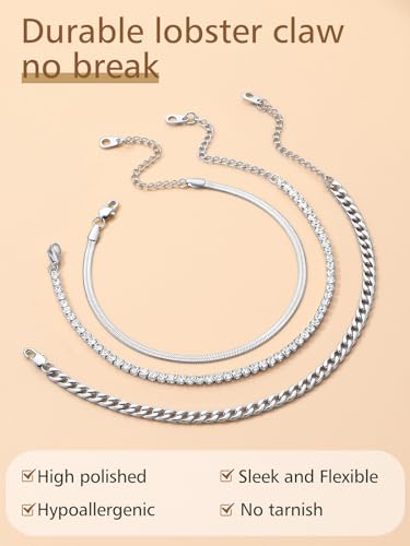 Image of FindChic Black /Silver /Gold Plated Anklets Set of 2PCS /3PCS Herringbone Chain Cuban Link Heart Charm Sparkling Tennis Ankle Bracelets, Waterproof Summer Foot Jewelry for Beach