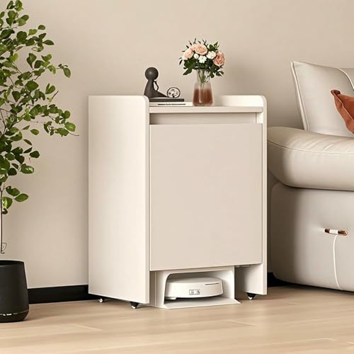 Mesa auxiliar con armario para aspiradora robot de salon mueble oculto de madera blanco con puertas 2