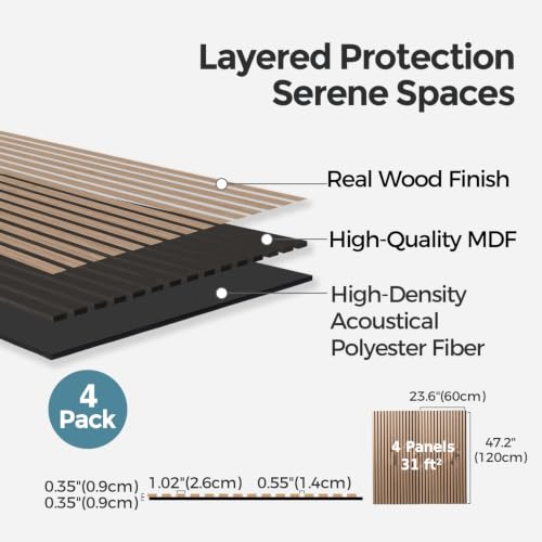 Image of AKUMAX Extra-Thick 0.7 inch Wood Slat Acoustic Wall Panels, 4 Pack 47.2 inch x 23.6 inch, 31 ft, NRC 0.80 Sound Absorbing 3D Slat Wall Paneling with Real Wood Veneer, E0 MDF and PET Felt, Walnut