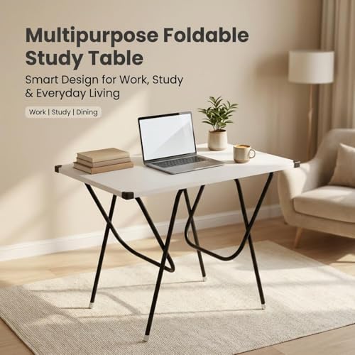 Image of Mighty Home Multipurpose Foldable Study Table | Laptop Desk for Home & Office | 2-Seater Dining Table | Portable Design | Safe Corner Protection | Engineered Wood Top & Metal Frame | Pearl White