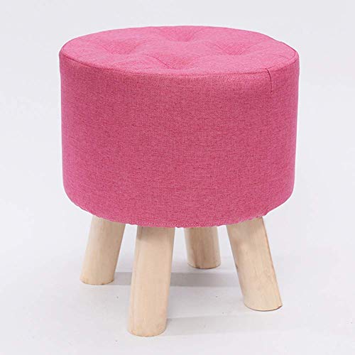 Taburete otomano de madera tapizado con 4 patas de madera, reposapiés redondo de lino, silla pequeña para sala de estar, dormitorio, jardín, rosa, 31 x 31 x 28 cm