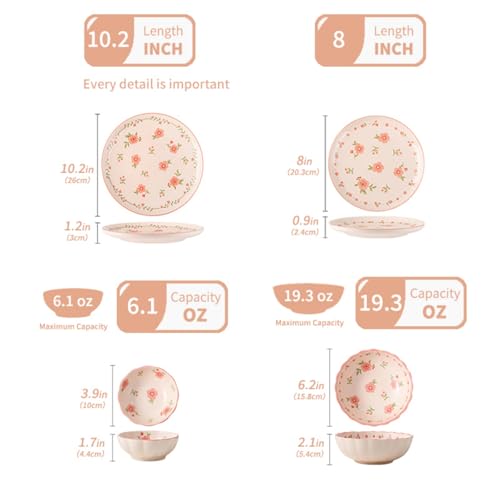FANGJING 24-Piece Dinnerware Set for 6, Ceramic Plates and Bowls Sets, Microwave & Dishwasher Safe Dish Sets for Daily Use & Gifting, with Spring Peach Blossom Pattern by FANGJING - Image 3