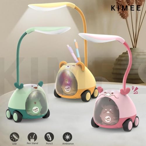 Image of KIMEE Cartoon Desk Lamp with Pen Holder and Pencil Sharpener - Cute Animal LED Table Light, Rechargeable Bedside Night Lamp, Flexible Eye Protection Study Reading Light for Students Kids, Multicolor