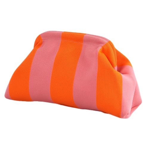 CXINLky Sommer Strand Clutch Damen, Gestrickt Gestreift Kontrastfarbe Handtaschen Klein Clutch Gewebte Tasche für Sommerstrände, Shopping, Reisen-Rosa/Orange