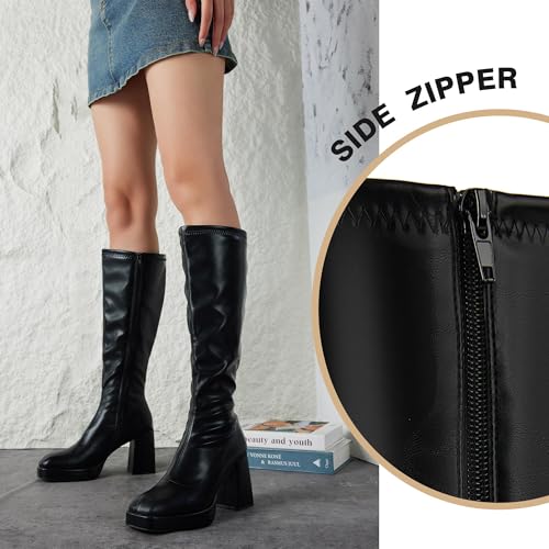 Putu Platform Knee High Boots for Women GoGo Boots with Square Toe Chunky Block Tall Boots4