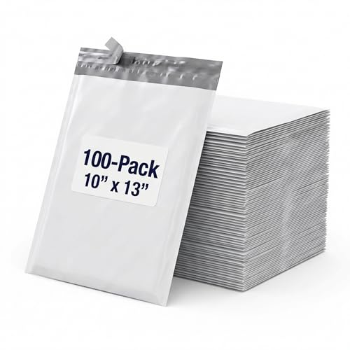 Image of BOX USA Shipping Bags 10 inch x 13 inch (100-Pack) White - Heavy Duty Self-Adhesive Envelope Poly Mailers for Packing, Secure Shipping, & Small Business Mailing