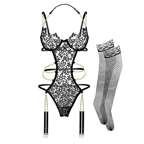 Brahaos Lingerie Set for Women,3 Piece Floral Lace Chain Lingerie Set with Garter Belts Bra and Panty (Black, Large)