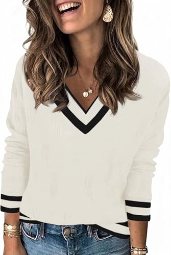 Saodimallsu Jersey de mujer de manga larga con cuello en V, ligeramente a rayas, suéter básico casual, otoño invierno, Blanco, L