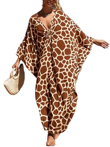 Image of IMAGEKOPE Women's Plus Size Animal Print V-Neck Batwing Kaftan Beach Dress Bathing Suit Cover-Up Loungewear