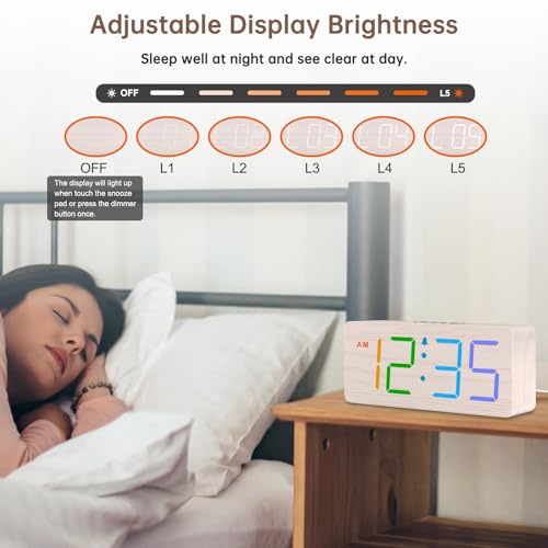 Image of DreamSky Wooden Digital Alarm Clock for Bedroom, Living Room Desk | RGB Loud Alarm Clock for Heavy Sleepers with Volume Control, Large Numbers with Dimmer, Office Wood Decor (Plug in Clock)