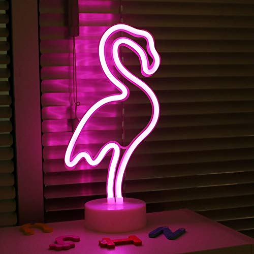 Pooqla Flamingo Neon Signs, LED Neon Light Sign with Holder Base for Party Supplies Girls Room Decoration Accessory for Luau Summer Party Table Decoration Children Kids Gifts (Flamingo with holder)