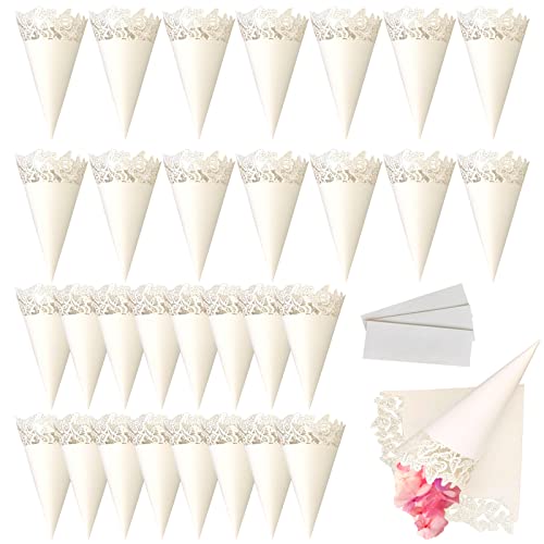 30 Pièces Cônes en Papier de Fête, Sacs de Confettis de Mariage, Impression Creuse, pour Cônes...