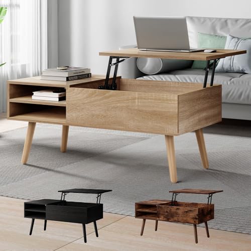 ALFORDSON Gas Lift Convertible Coffee Table with Rising Tabletop, Hidden Compartment, 2 Adjustable Open Shelves Storage, Living Room/Dining Office Reception Centerpiece Table, 96x 50x 59.5cm, Wood