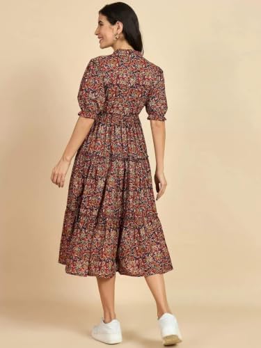 Image of PIDAVLIYA'S Women's Floral Summer Maxi Dress I Cotton Printed I One Piece Bodycon Midi Dress with V-Neck, Puffed Sleeves