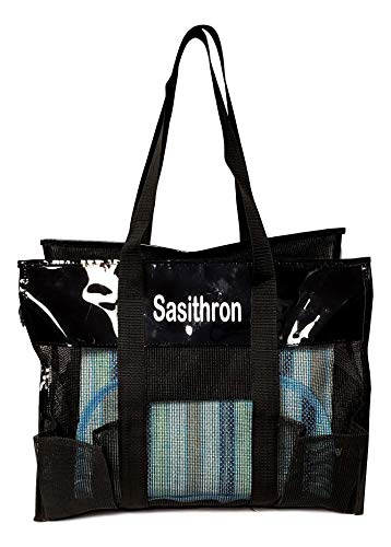 Waterproof Mesh Shopper Utility Beach Bag Zipper Organizing Tote (Black with Personalized Vinyl Name)2