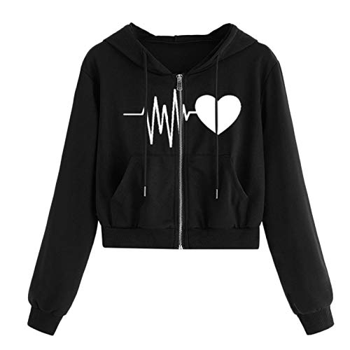 Sudadera para mujer con capucha corta con capucha – Sudadera sin vientre con capucha de manga larga chaqueta para otoño Crop jersey adolescente niña Kawaii con cierre de desgarro, sudadera deportiva