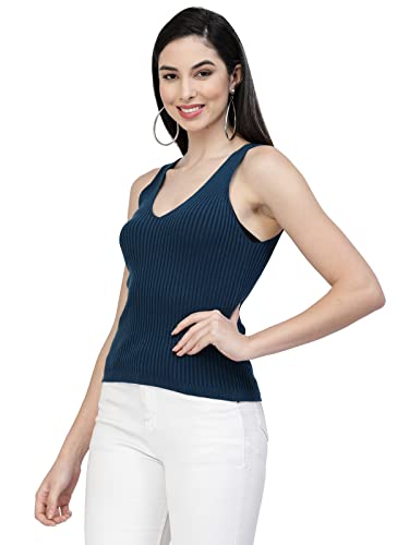 Image of Kalt Women Knitted, Ribbed Cotton Fitted Sleeveless V-Neck Cami Tank Top for Women Stylish
