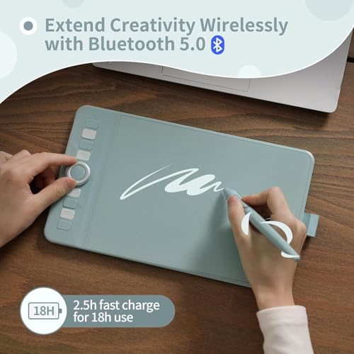 Image of GAOMON WH851 Bluetooth Graphics Drawing Tablet, 8x5, Dial, 16384 Pressure | 8 Shortcut Keys, Battery-Free & Wireless, Portable for Digital Art & Design, Compatible with Windows /Android /Mac, Green