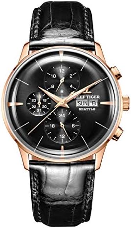 REEF TIGER Luxury Dress Watch Genuine Leather Strap Rose Gold Automatic Watches for Men RGA1699
