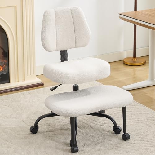 Ergonomic Cross Legged Office Chair for ADHD Adults Criss Cross Desk Chair with Back Support Swivel Meditation Chair with Wheels Adjustable Height (White Teddy Fabric)