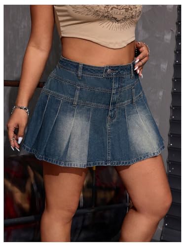 Women's Plus Size Pleated Denim Skirt Y2k Zipper High Waist A Line Jean Skirts3
