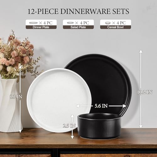 Image of E-far 12-Piece Plates and Bowls Sets, Stoneware Dinnerware Dishes Sets for 4, Chip & Scratch Resistant Ribbed Dish Set for Home Restaurant, Microwave & Dishwasher Safe Speckled White & Matte Black