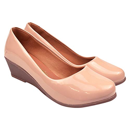 Sapato Scarpin Verniz Anabela Salto Médio Eleganteria Tamanho:35;Cor:Natural Nude