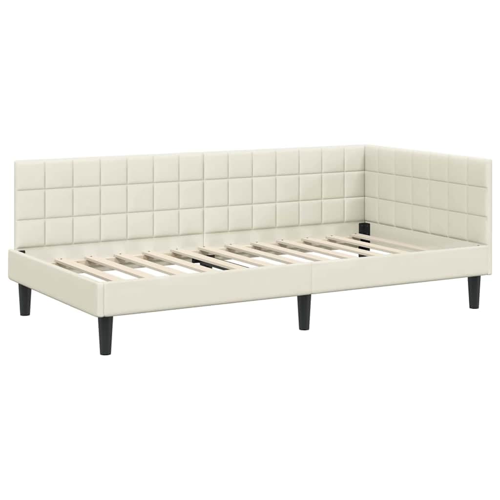ACAGALA Letto singolo 90 x 190 cm, struttura letto con testiera e rete a doghe, letto ad angolo in tessuto senza materasso, letto per ragazzi, divano letto per camera da letto, soggiorno, crema