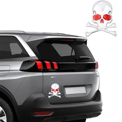 Image of 3D Skeleton Skull Emblem Car Side Rear Front Hood Trunk Door Fender Bumper Tail Box Car Motorcycle Personality Decoration Metal Badge Decal Sticker (1 PCS, Silver Red)