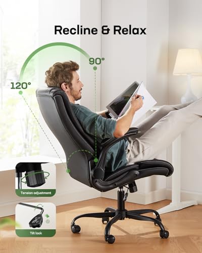 Marsail Executive Office Chair with Flip-up Armrests,PU Leather Ergonomic Desk Chair Height-Adjustable Swivel Rolling Computer Desk Chair,Black
