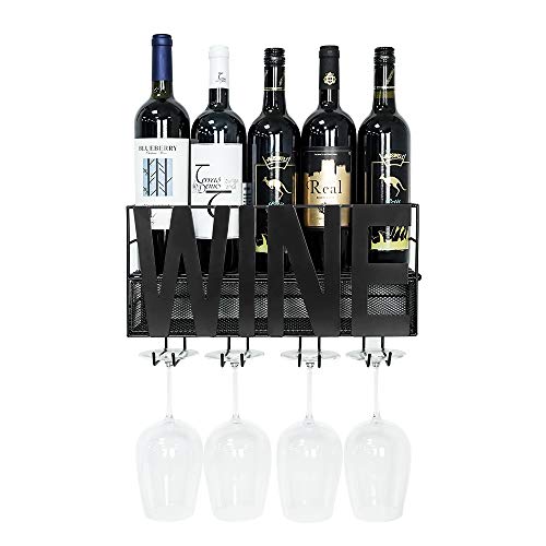 Wall Mounted Wine Rack with Bottle Glass Holder and Cork Storage Hanging Wine Storage Shelf Ceiling Wine Accessories Black Finish Metal Iron