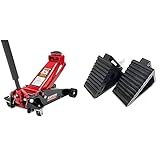 Blackhawk B6350 Black/Red Fast Lift Service Jack - 3.5 Ton Capacity, 28 1/2" L x 13 3/4" W x 6 1/2" H & MAXXHAUL 70472 Solid Rubber Heavy Duty Black Wheel Chock 2-Pack, 8" x 4" x 6"