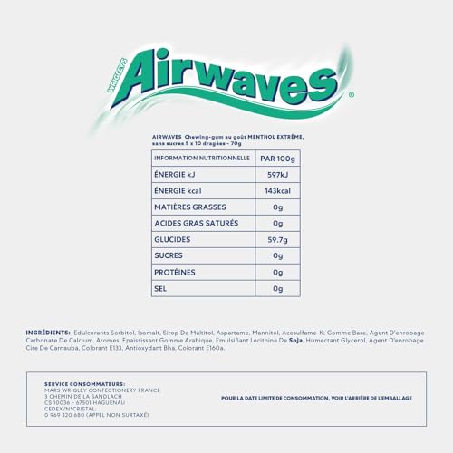 Chewing gum Menthol Fort Eucalyptus Sans Sucres Airwaves Les 5 Paquets De 10 Dragées - vue 2