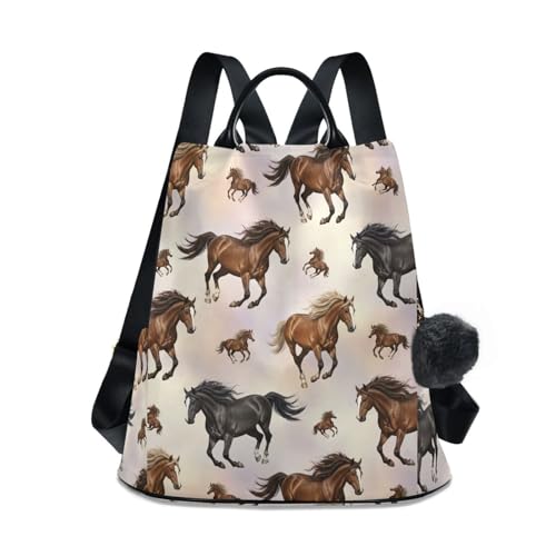 Sac à dos femme antivol imprimé chevaux marrons avec poches multiples