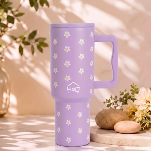 Image of House of Quirk 1200ML Stainless Steel Tumbler with Handle & Lid, 2 Straws - Large Travel Mug Water Cup for Gym, Office & Outdoor Use (Lavender Daisy)