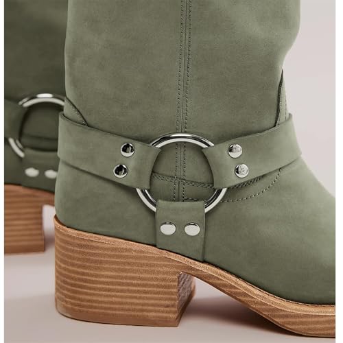 Image of Women's Knee High Riding Boots Round Toe Block Heel Fashion Motorcycle Booties Side Zipper Wide Calf Biker Riding Boots with Studs
