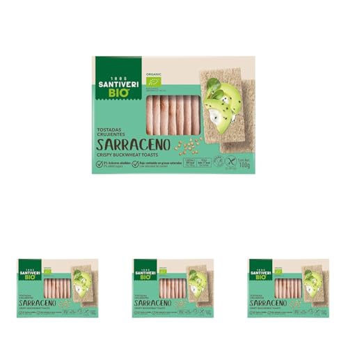 SANTIVERI - Tostadas Trigo Sarraceno Bio, Tostadas Ecológicas, Crujientes y Ligeras, Sin Azúcares Añadidos, Sin Gluten, Vegano - 100 g (Paquete de 4)