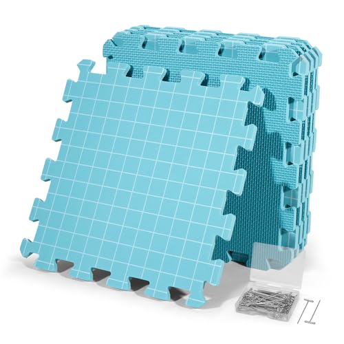CraftyManor 9 PCS Blocking Mats for Knitting & Crochet Projects, Crochet Blocking Mat with 50 T- Pins, Knitting Board and Pins (Blue 9PCS)