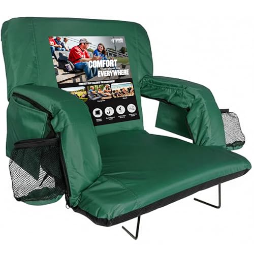 Brawntide Wide Stadium Chair for Bleachers - Stadium Chair with Back Support, Thick Padding, Armrests, Bleacher Strap, Shoulder Straps, Ideal for Sporting Events, Beaches, Parks (Green, Wide Size)