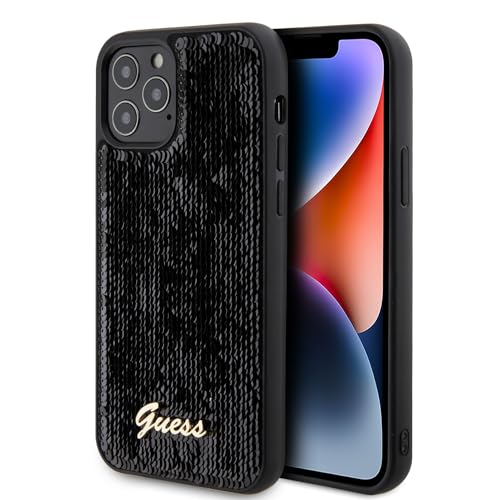 Guess Coque à Paillettes avec Logo en métal Noir Compatible avec iPhone 12