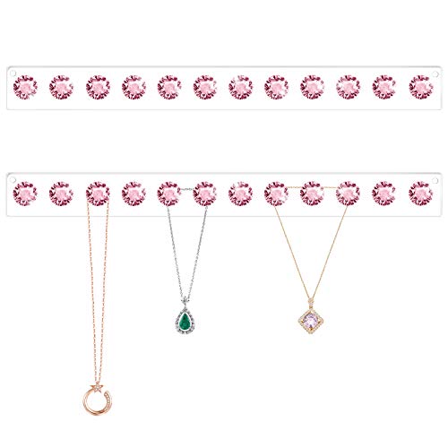 Acrylic Necklaces Holder Wall Mounted Necklace Hangers Hanging Jewelry Organizer with 12 Hooks Clear Jewelry Hangers for Necklace Organizer for Girls Women Necklace Hooks for Wall (Pink 2 Pack)