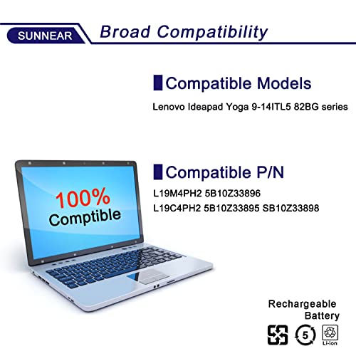Image of L19M4PH2 Battery Replacement for Lenovo Ideapad Yoga 9-14ITL5 82BG Yoga 9i (14inch) 2-in-1 C950 9-14ITL5-82BG001AUK 82BG00DRUE Series 5B10Z33896 L19C4PH2 5B10Z33895 SB10Z33898 7.68V 60Wh 4-Cells