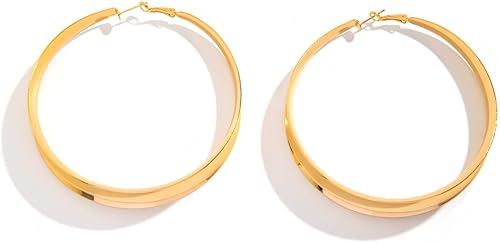 Miniatura 7 de Aretes de Aro Gruesos de Oro para Mujeres Exagerados Grandes Anchos Post Gruesos Aretes de Aro Minimalistas Pulidos 80MM Aretes de Declaración