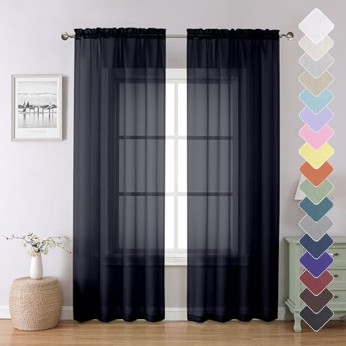Lecloud Black Sheer Curtains 84 Inches Long 2 Panels Solid Voile Light Filtering Airy Window Treatments for Living Room Bedroom Lightweight Breathable Drapes with Dual Rod Pocket 40 W x 84 L