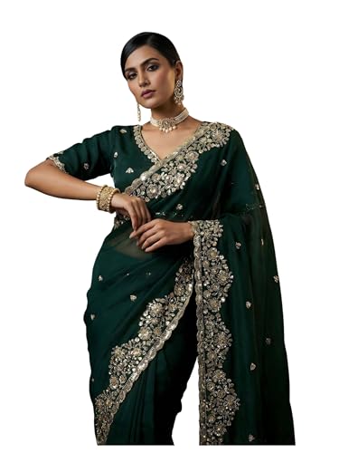 Marcofeb Indian Wedding Embroidered Tissue Silk Saree with Gold Floral