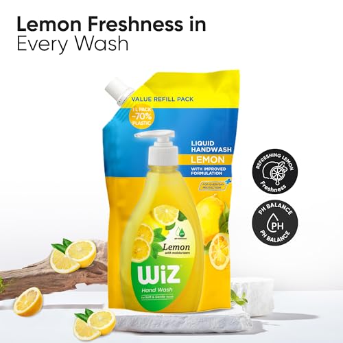 Image of Wiz Lemon Hand Wash Refill Pouch - 1L (Pack of 4) | pH Balanced | 70% Less Plastic | Zesty Lemon Freshness | Germ Protection | Gentle & Moisturizing Formula